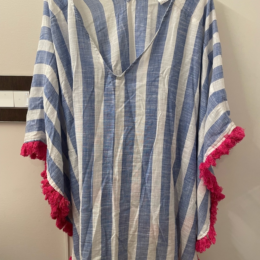 Mudpie 100% cotton cover-up, blue/white stripe w/ hot pink tassel fringe